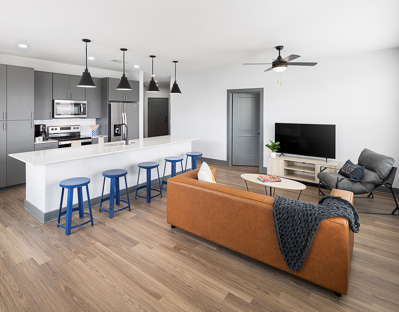 A living room with a TV