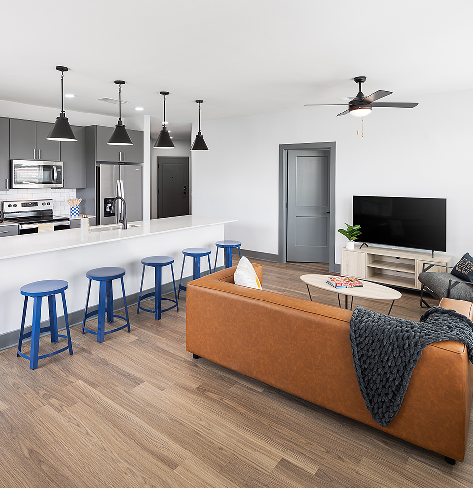 A living room with a TV