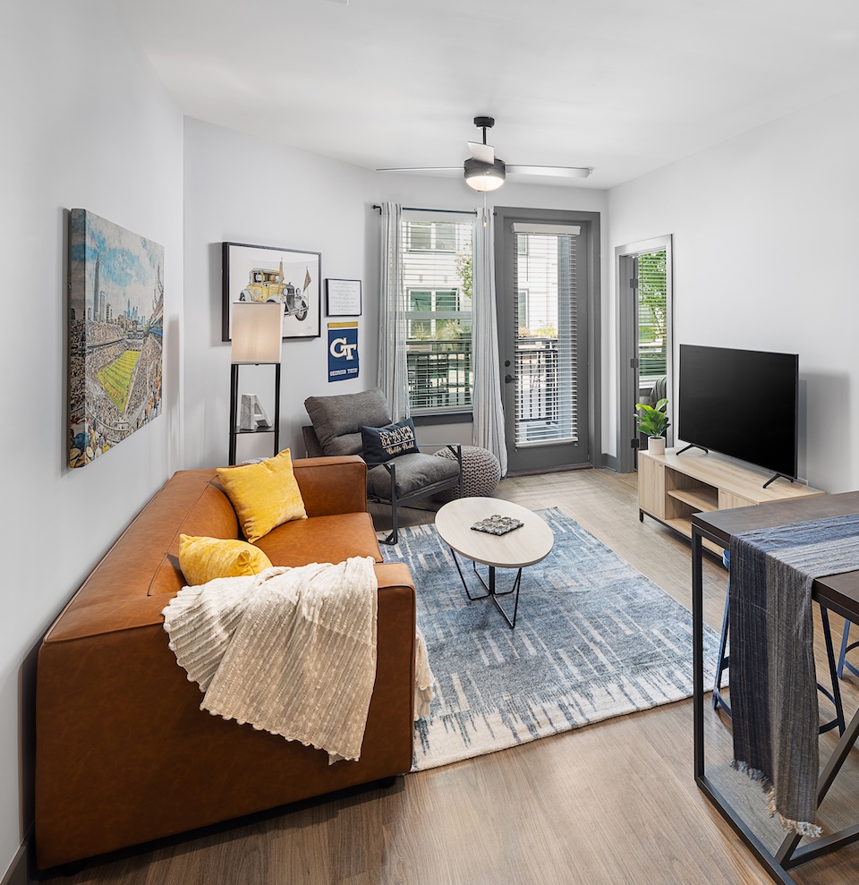 A living room with a TV