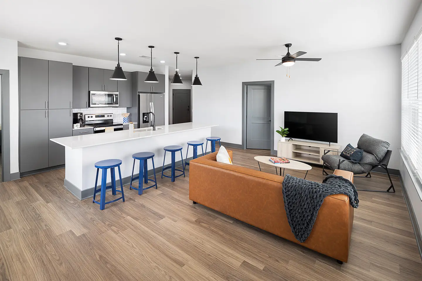 fully furnished living room and kitchen